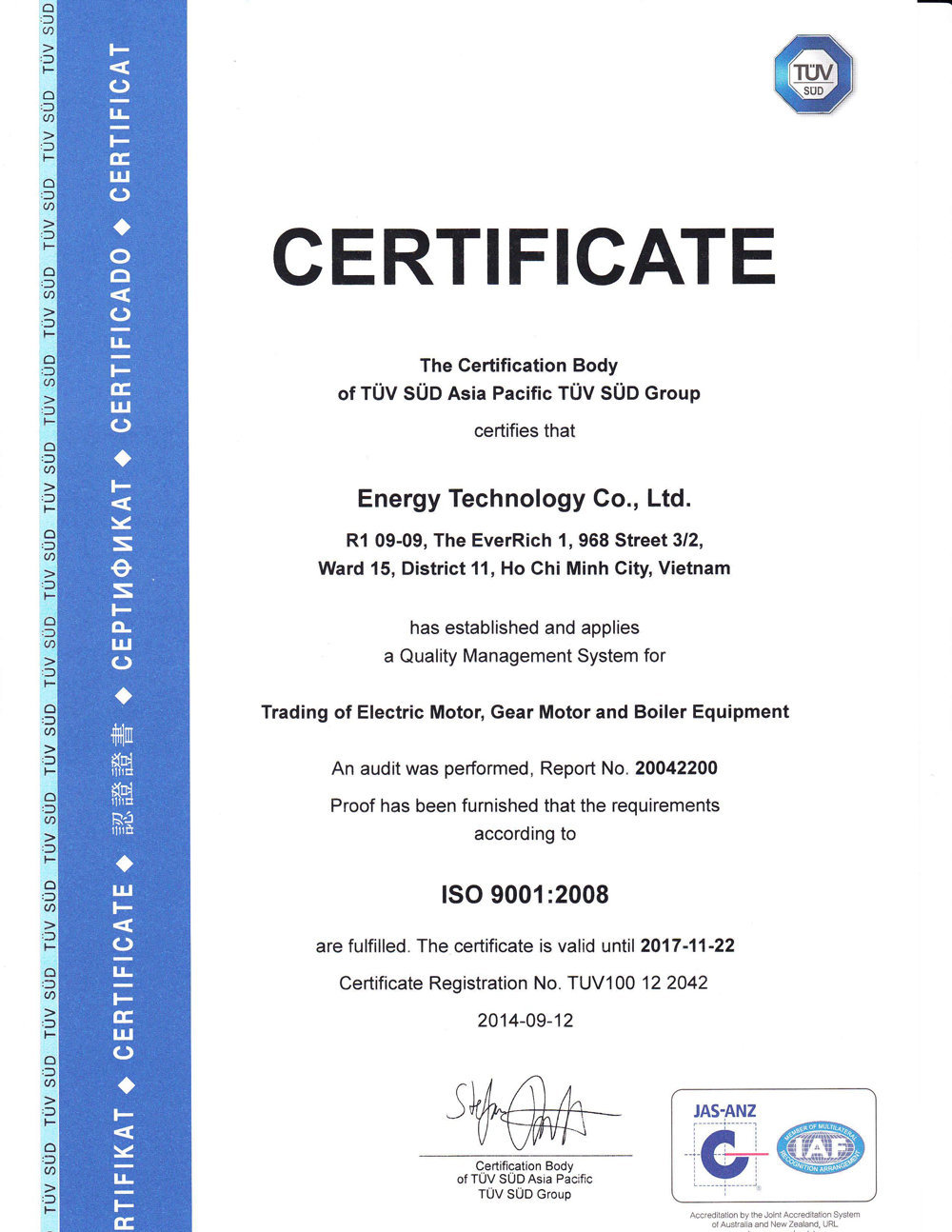 Enertech đạt chứng nhận ISO 9001-2008